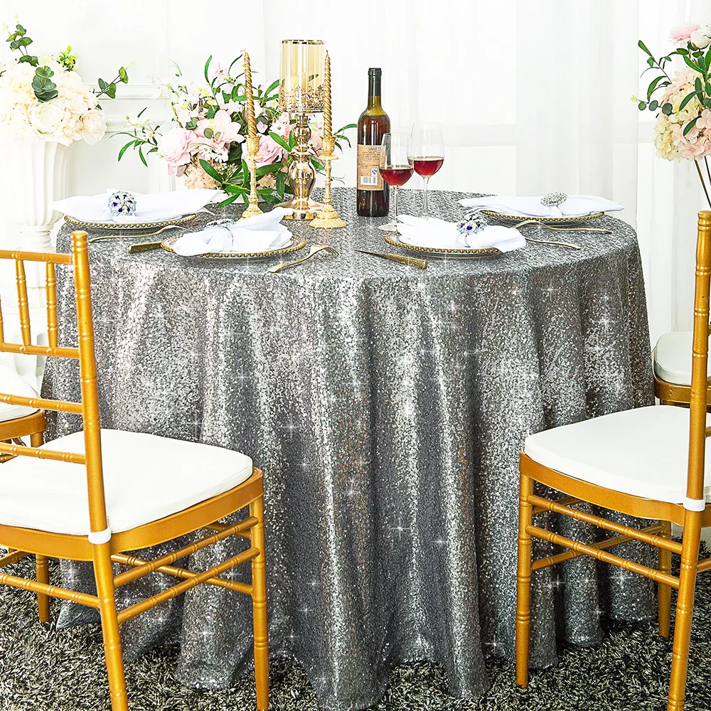 132" Round Sequin Taffeta Tablecloth - Silver (1pc)