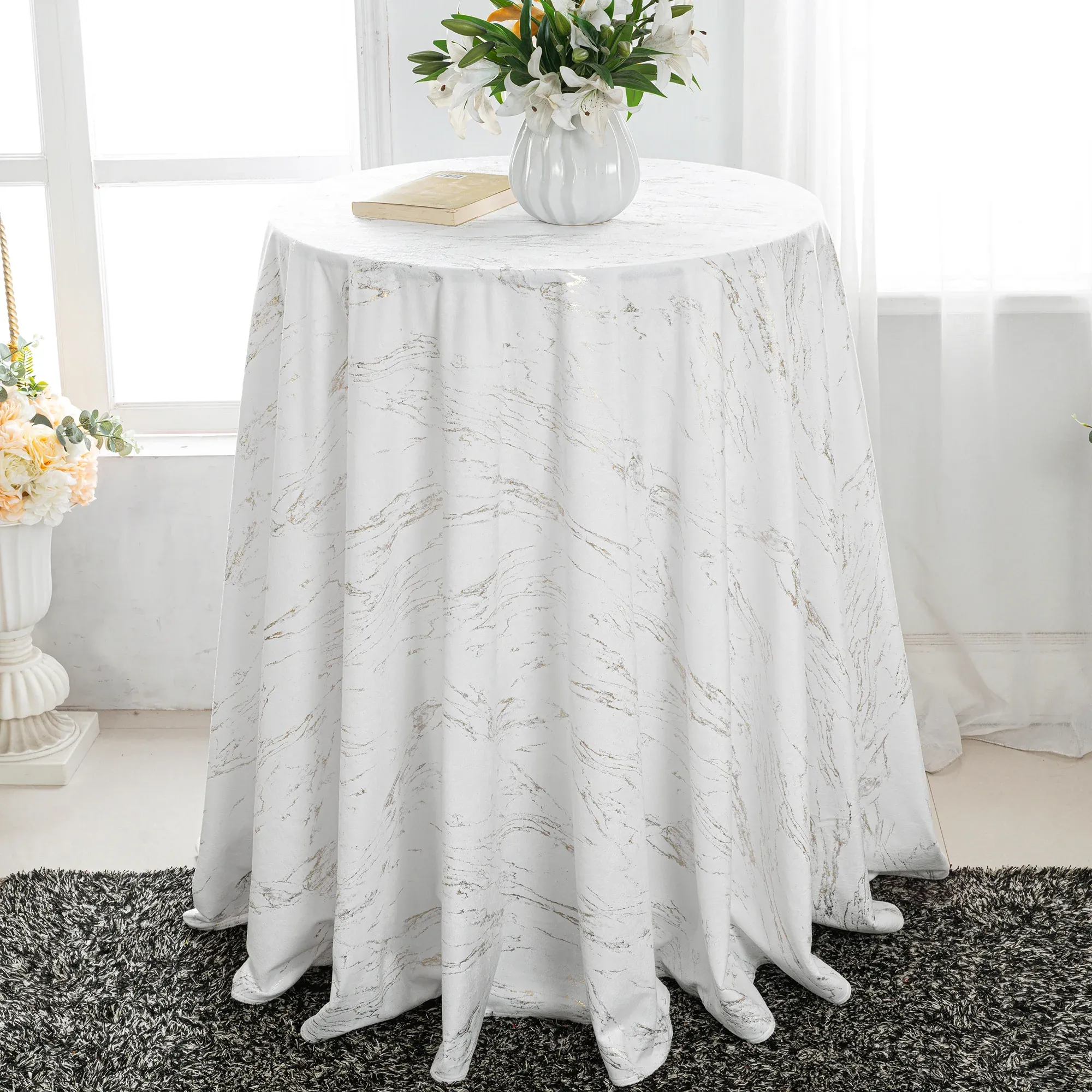 120″ Seamless Round Gilded Marble Holland Velvet Tablecloth – White (1pc)