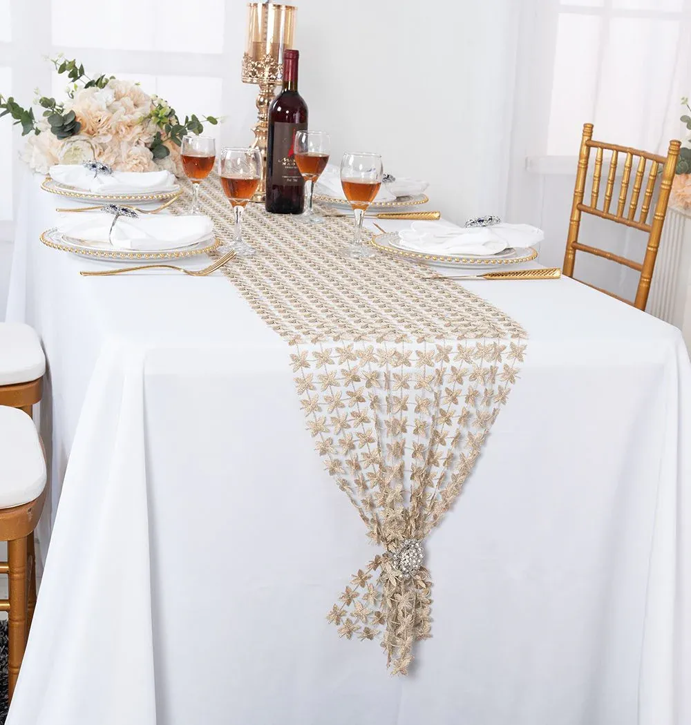 12″x108″ Butterfly Shimmer Metallic Water-Soluble Lace Table Runner – Champagne (1pc)