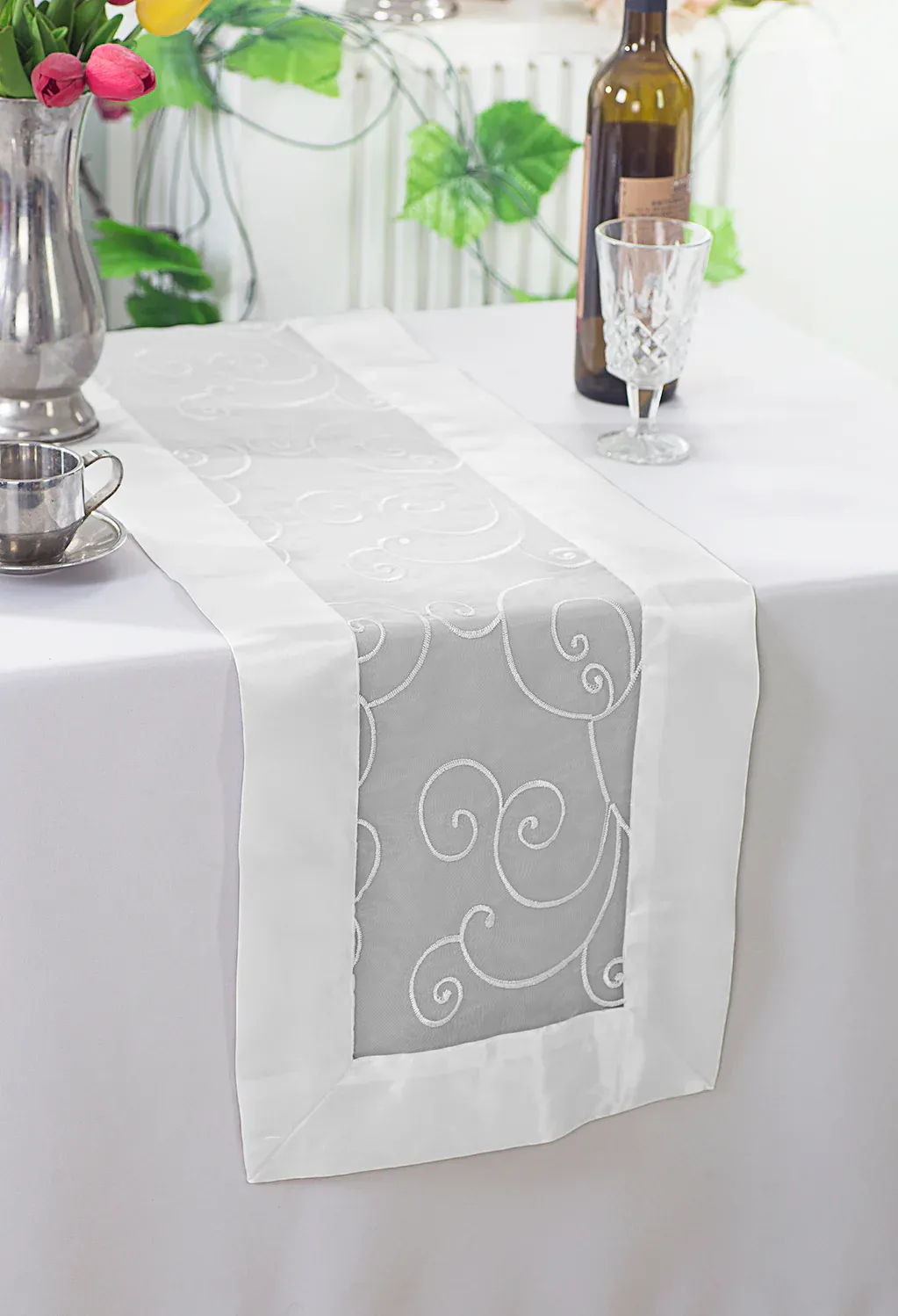 12.75"x108" Embroidered Organza Table Runner - White (1pc)