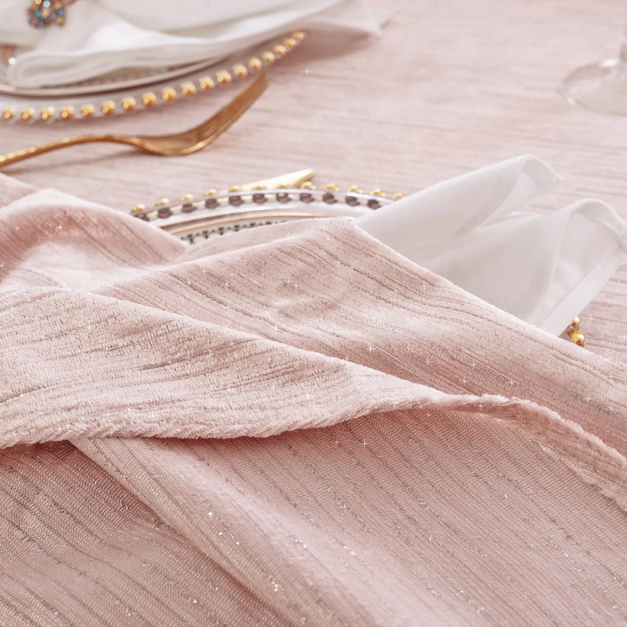 Sample 20"x20" Chenille Shimmer Metallic Jacquard Velvet Napkins - Blush Pink/Rose Gold (1pc) - Image 3