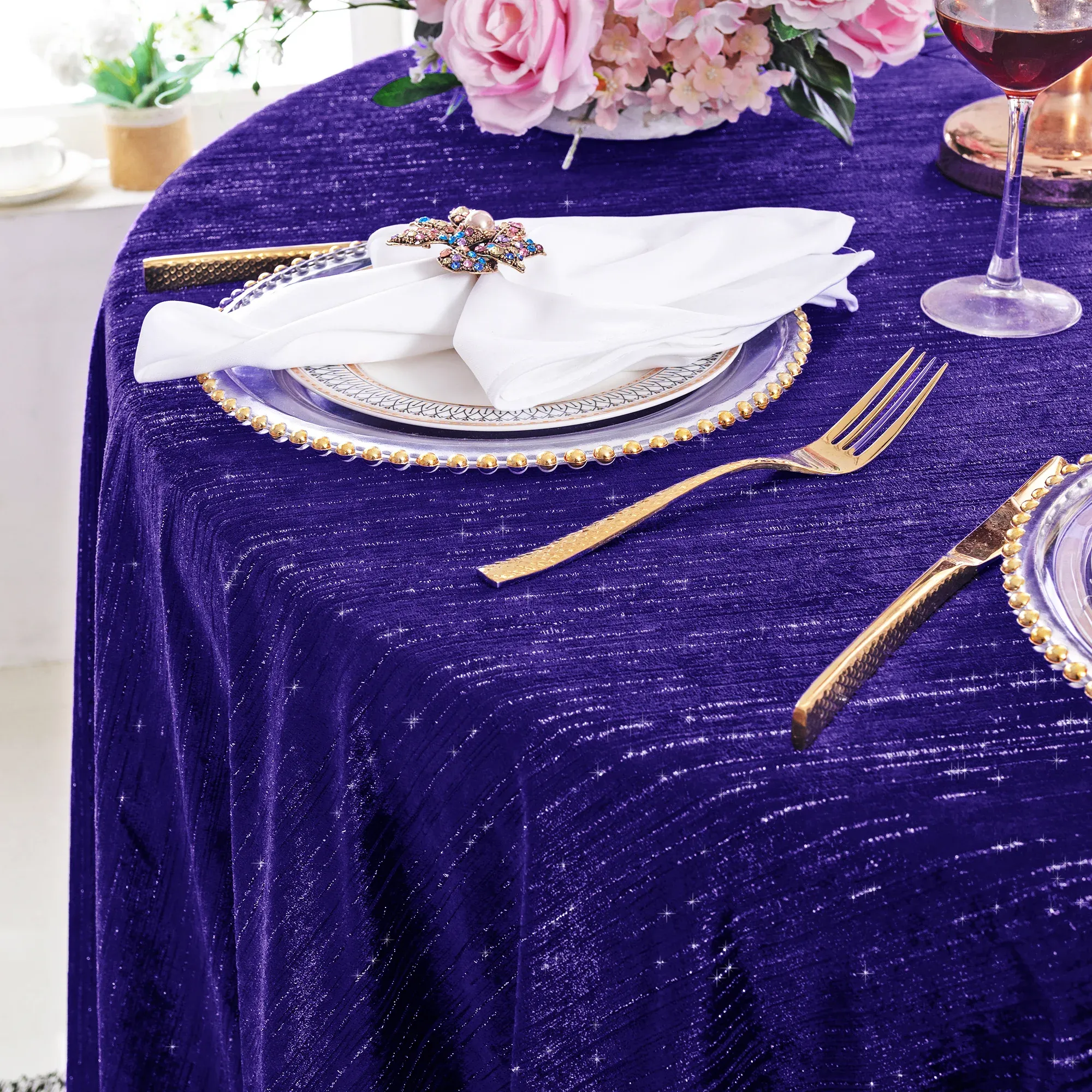 132″ Round Chenille Shimmer Metallic Jacquard Velvet Tablecloth – Regency Purple (1pc)