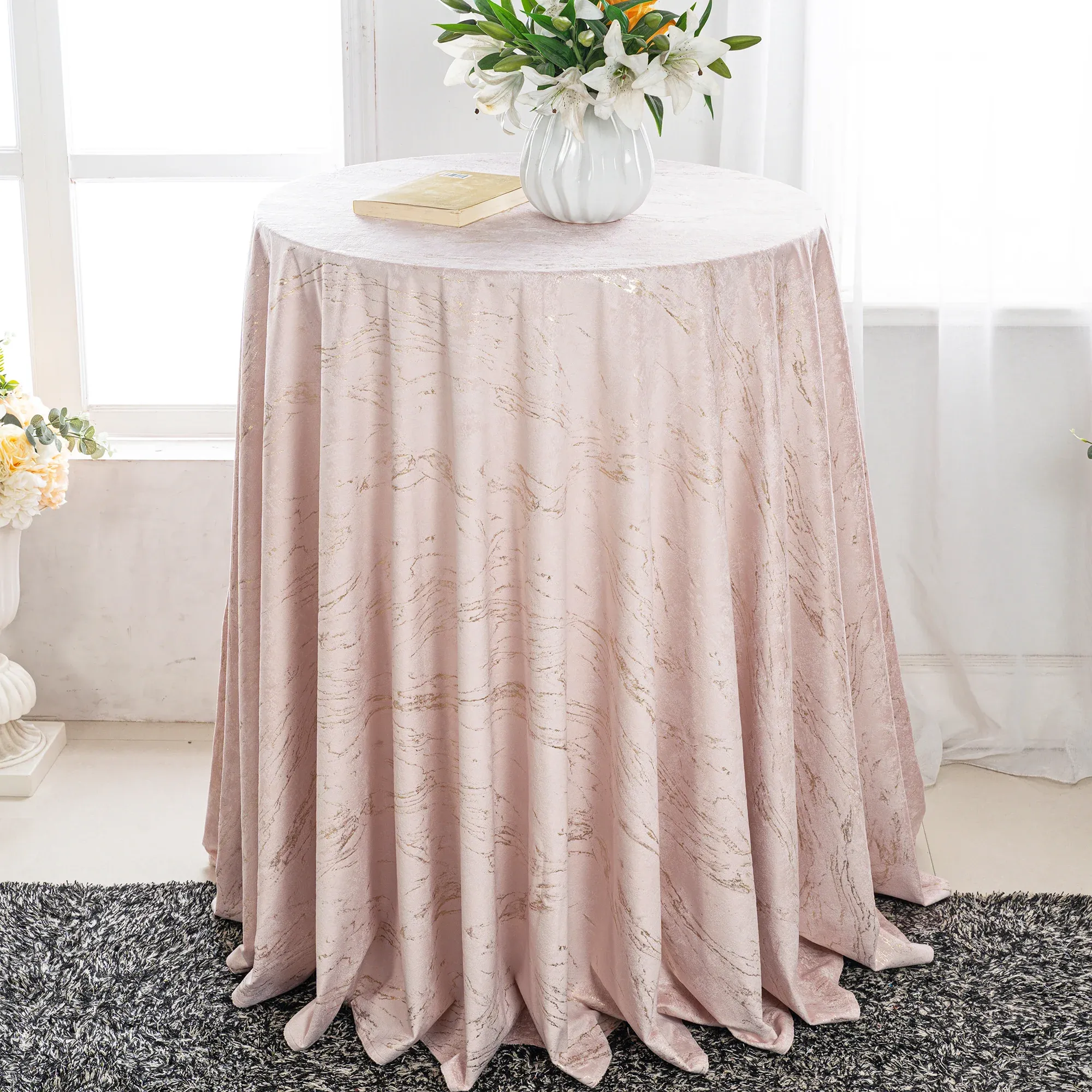 132″ Round Gilded Marble Holland Velvet Tablecloth – Blush Pink/Rose Gold (1pc)