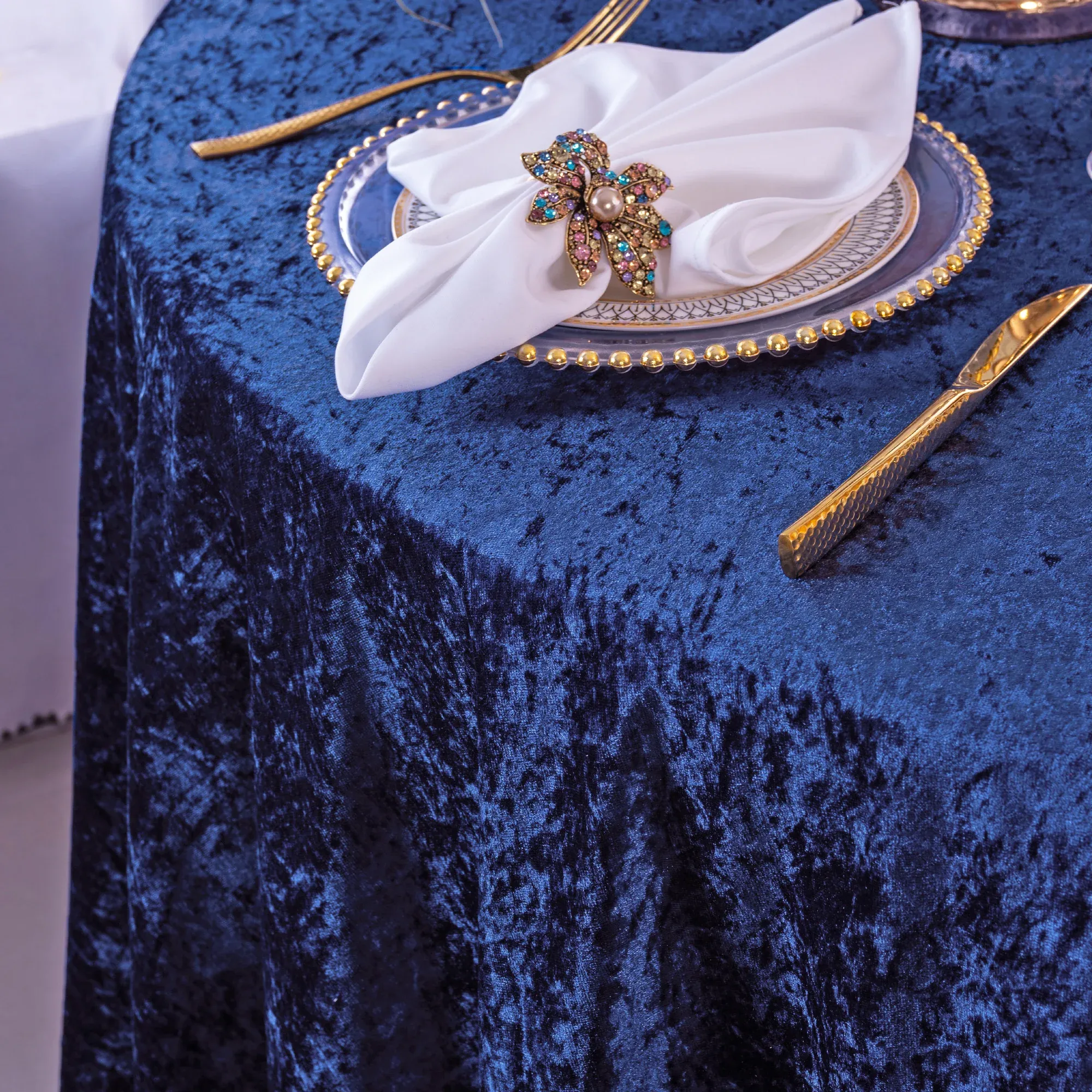 85″x85″ Seamless Square Ice Crushed Velvet (200 GSM) Tablecloth/Table Overlay – Navy Blue (1pc)