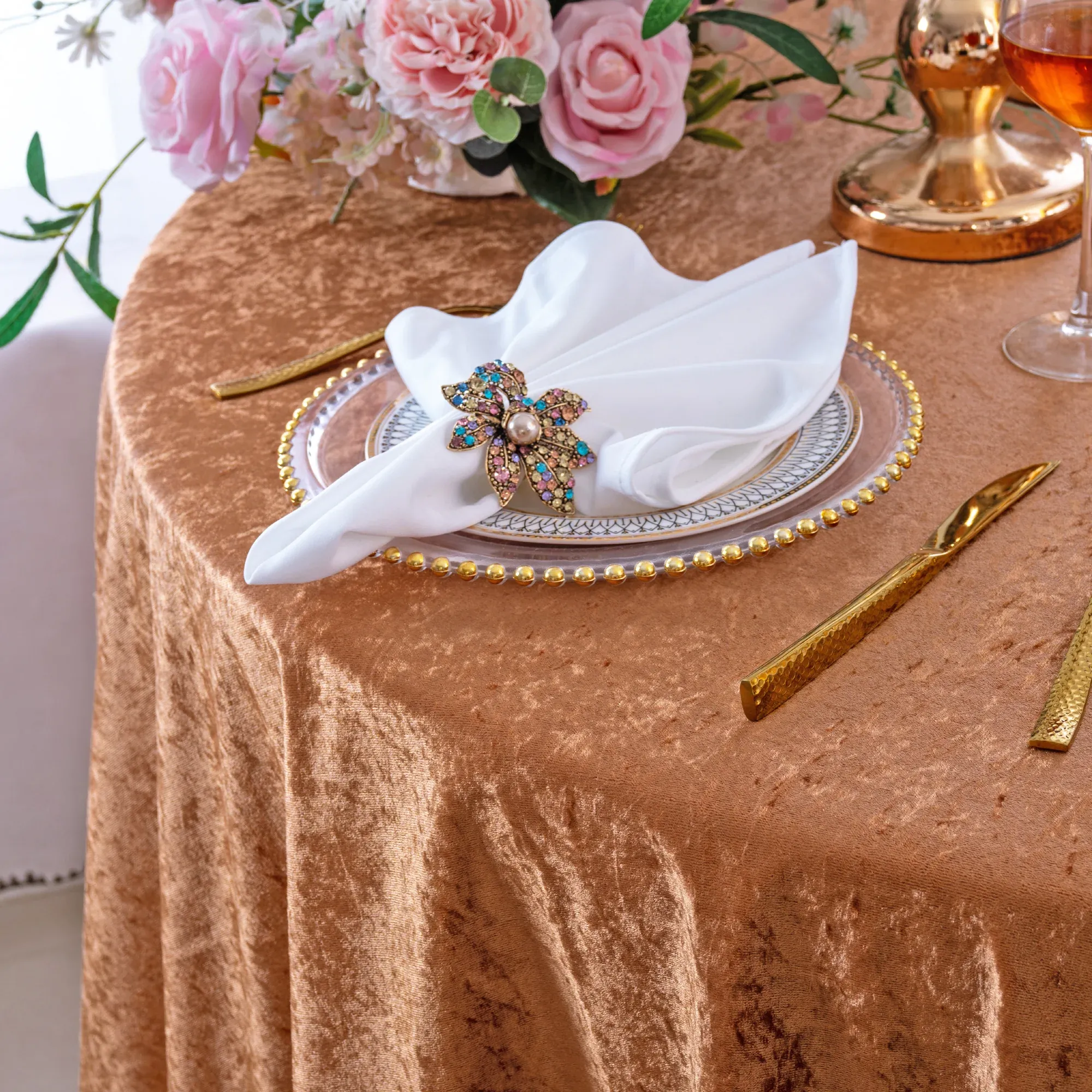 85″x85″ Seamless Square Ice Crushed Velvet (200 GSM) Tablecloth/Table Overlay – Copper (1pc)
