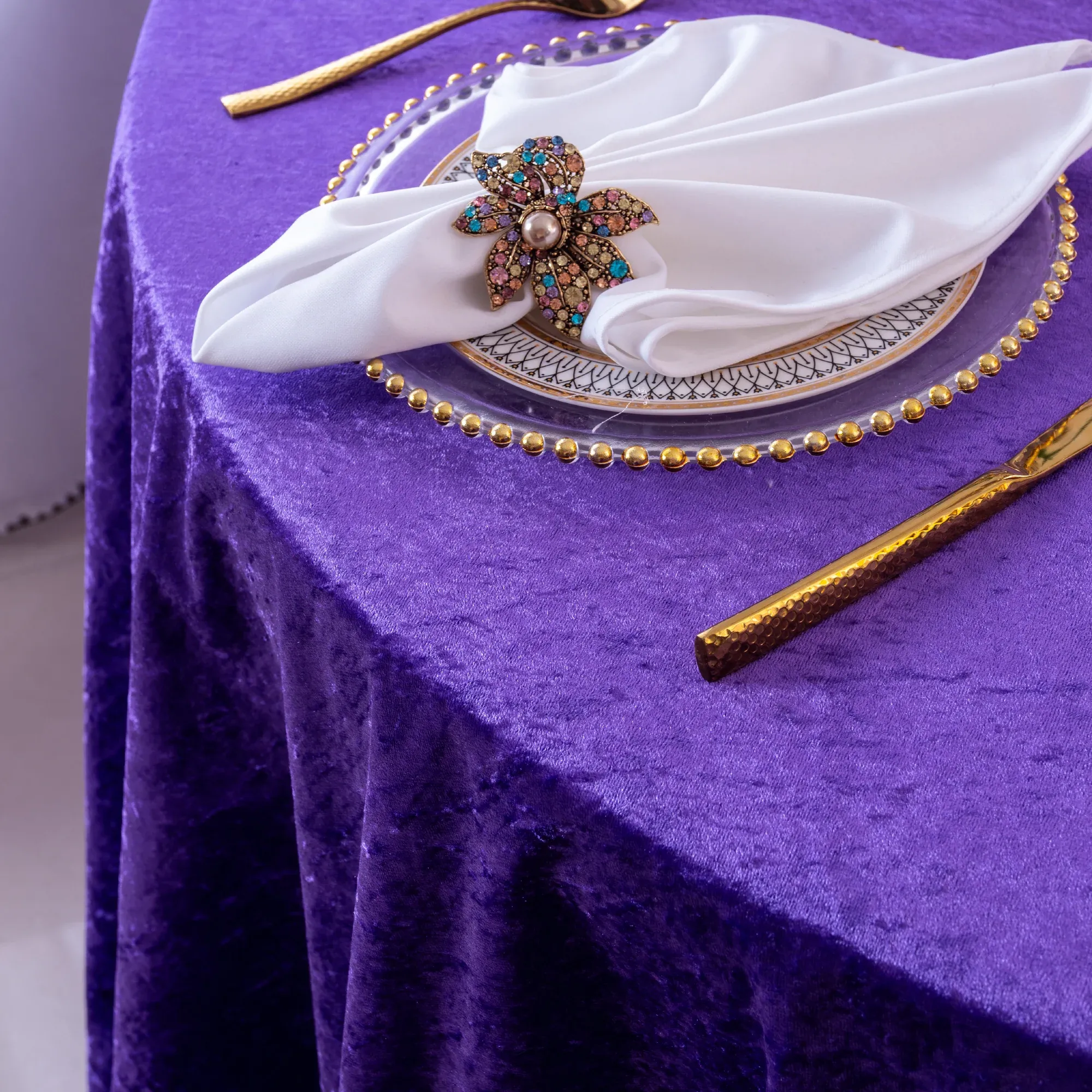 85″x85″ Seamless Square Ice Crushed Velvet (200 GSM) Tablecloth/Table Overlay – Regency Purple (1pc)