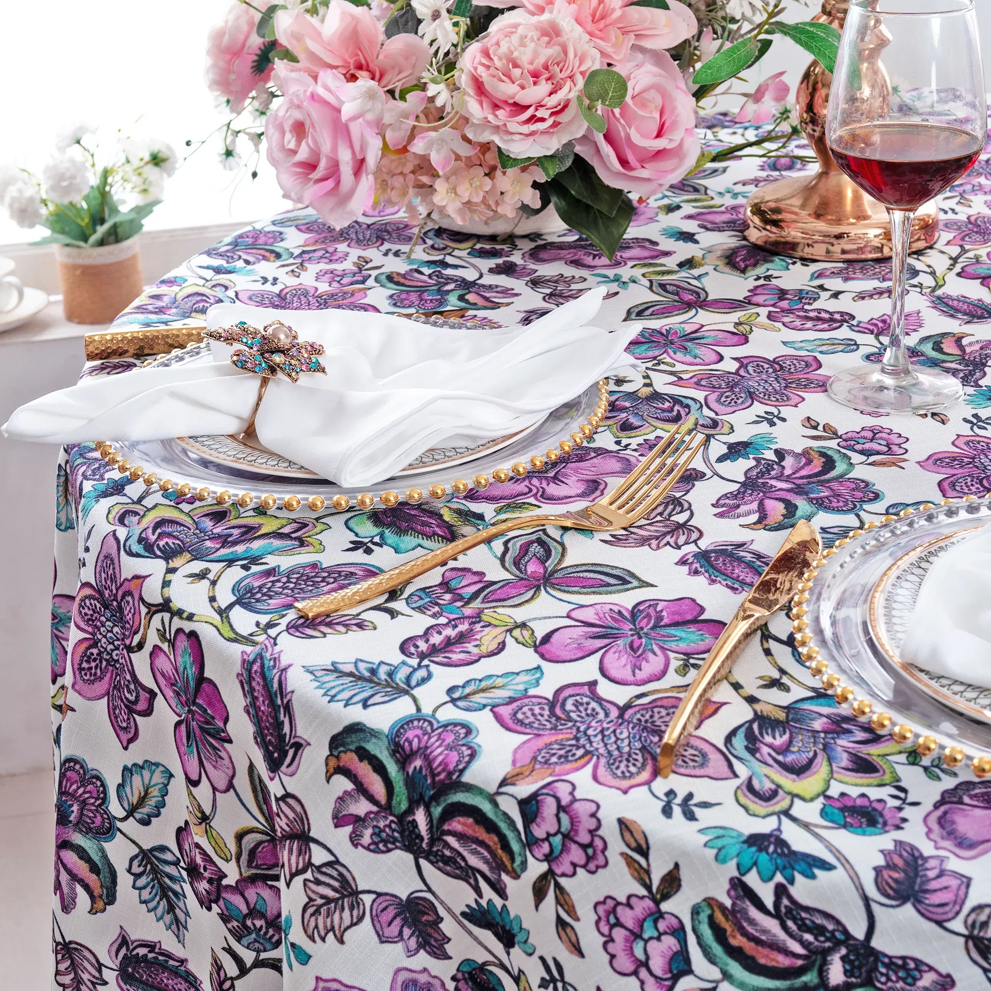 120″ Seamless Round Faux Linen Tablecloth – Italian Anemone (1pc)