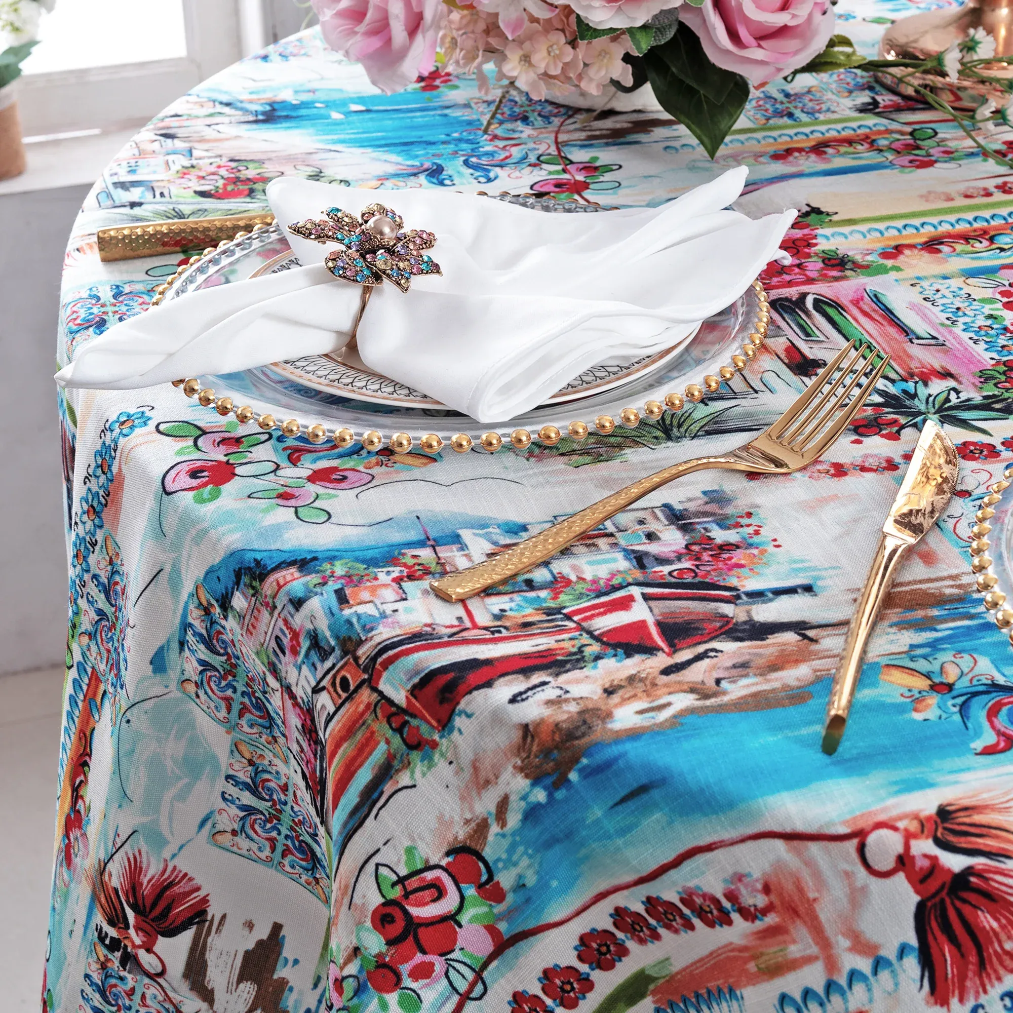 132″ Round Faux Linen Tablecloth – Tuscany (1pc)