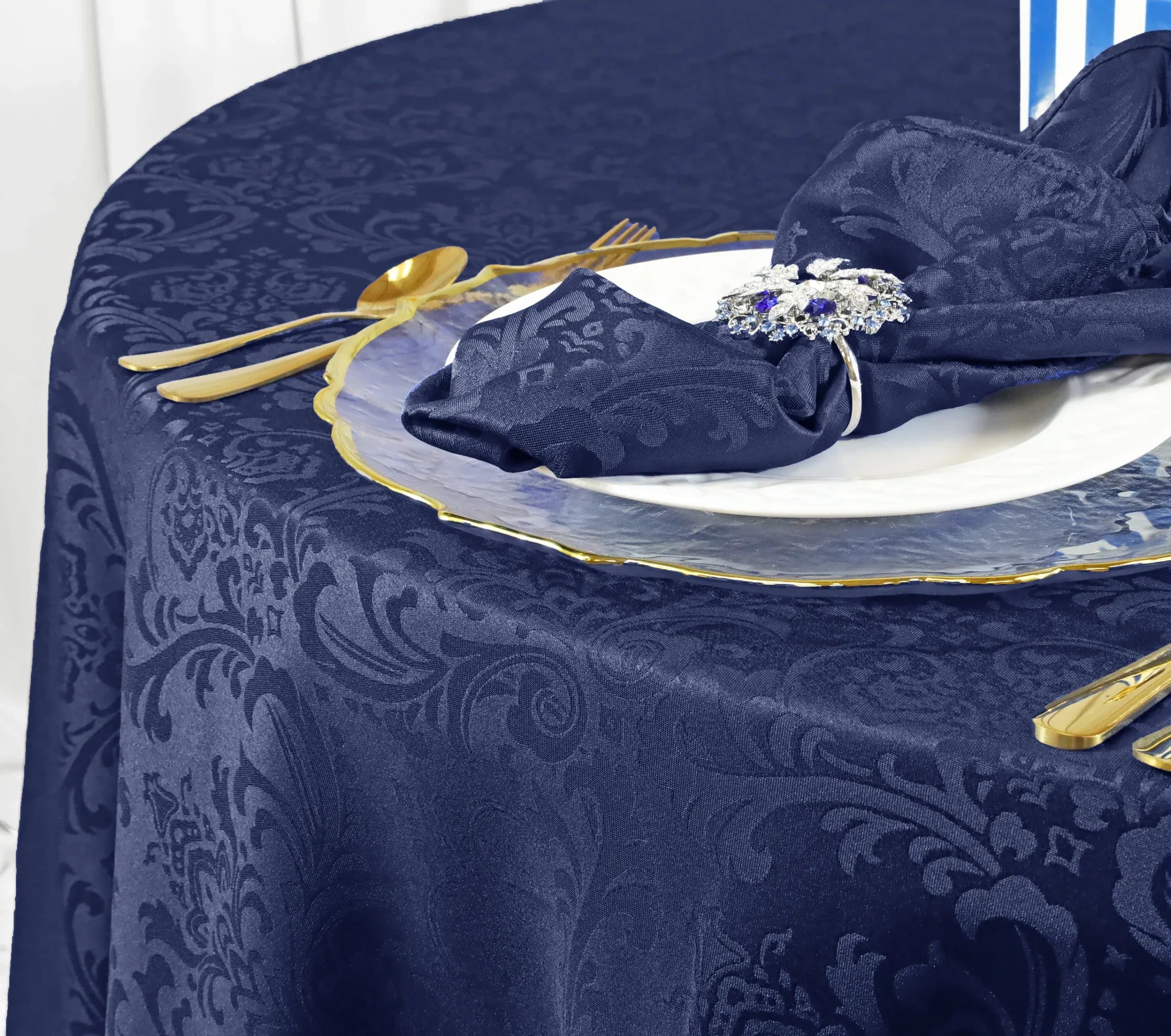72″x72″ Seamless Square Floral Damask Jacquard Polyester (220 GSM) Table Overlay – Navy Blue (1pc)